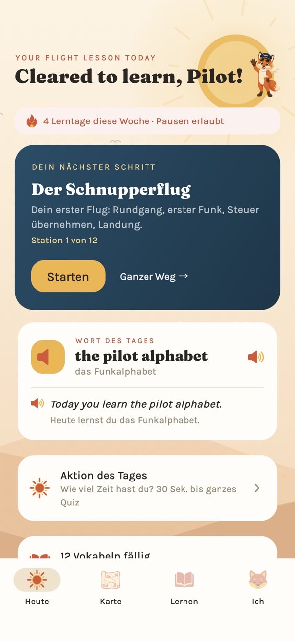 Rufo: Startseite mit dem nächsten Schritt „Der Schnupperflug“ und dem Wort des Tages